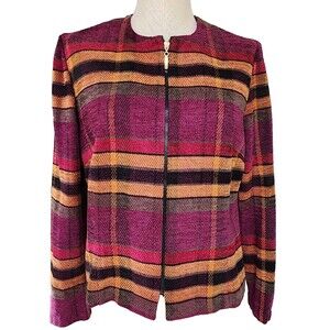 Miss Dorby  10P Womens Zip Front Short Jacket Plaid Purple Black Brown 1980's